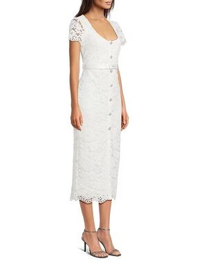 White Lace Button-Front Midi Dress with Short Sleeves